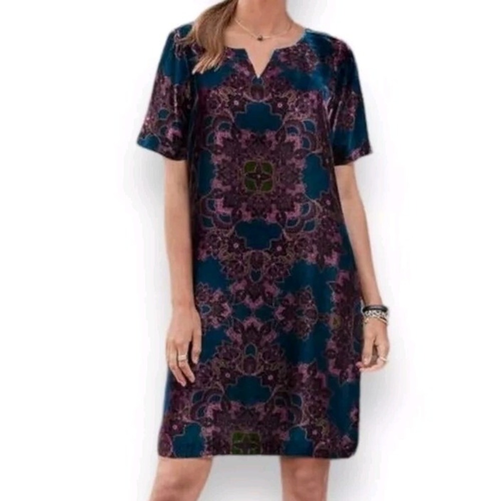 Sundance Nomi Printed Velvet Shift Dress V-Neck Short Sleeve Silk A005561